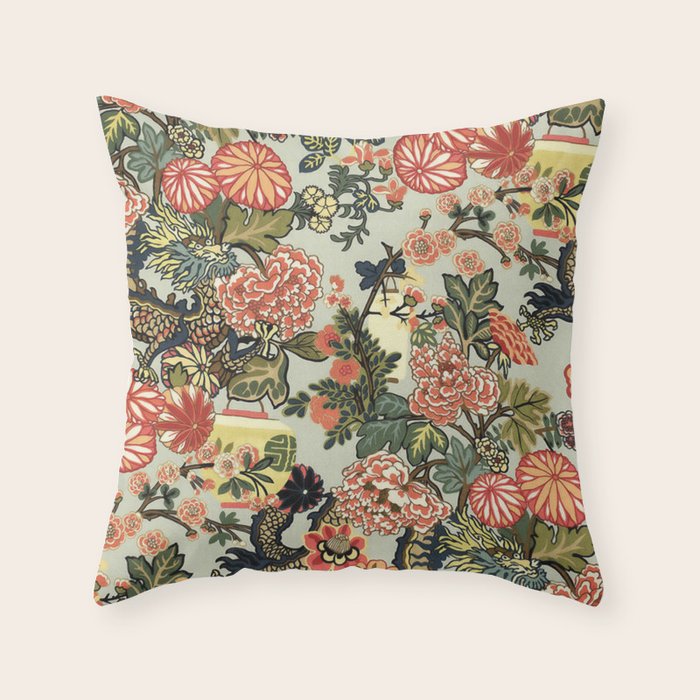 Chinese Dragon Vintage Floral Pattern Throw Pillow Gallery Image 1