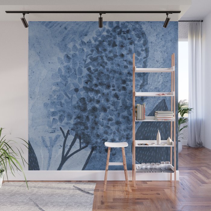 Garden Lilac Flower Painting in Navy Blue Wall Mural Gallery Image 1