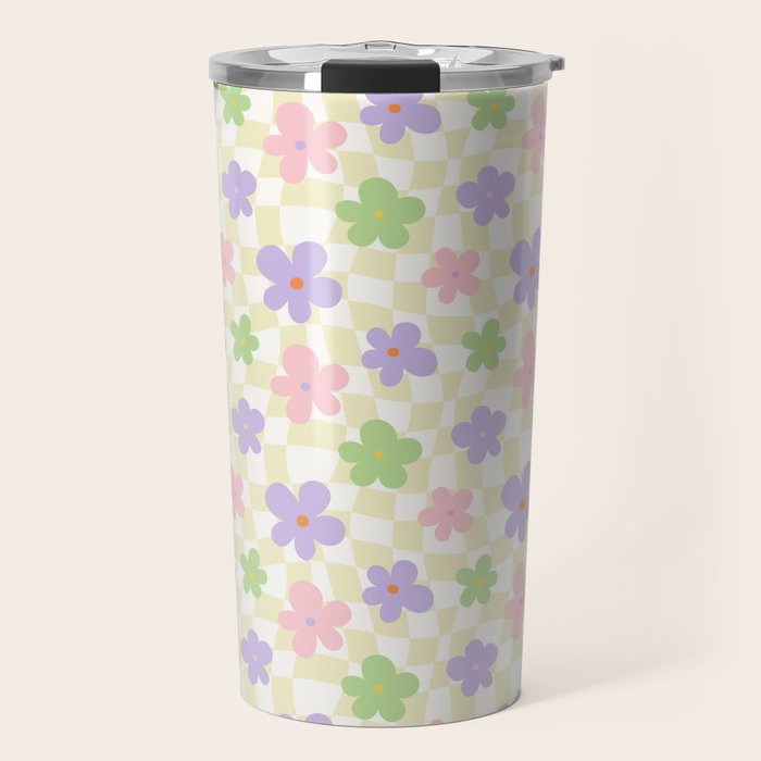 Colorful retro flower checkered pattern Travel Mug Gallery Image 1