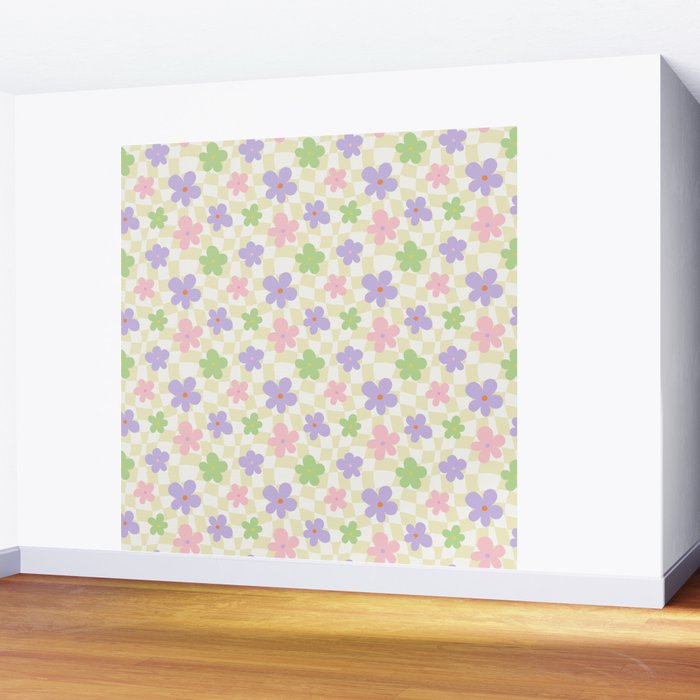 Colorful retro flower checkered pattern Wall Mural Gallery Image 2
