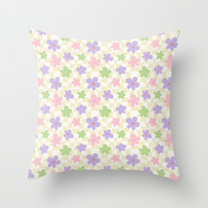 Colorful retro flower checkered pattern Throw Pillow Gallery Image 1