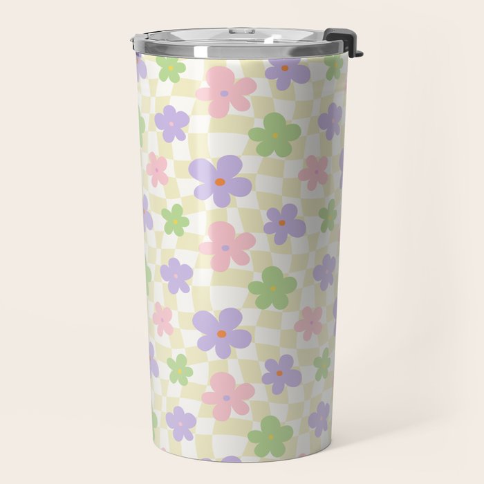 Colorful retro flower checkered pattern Travel Mug Gallery Image 2