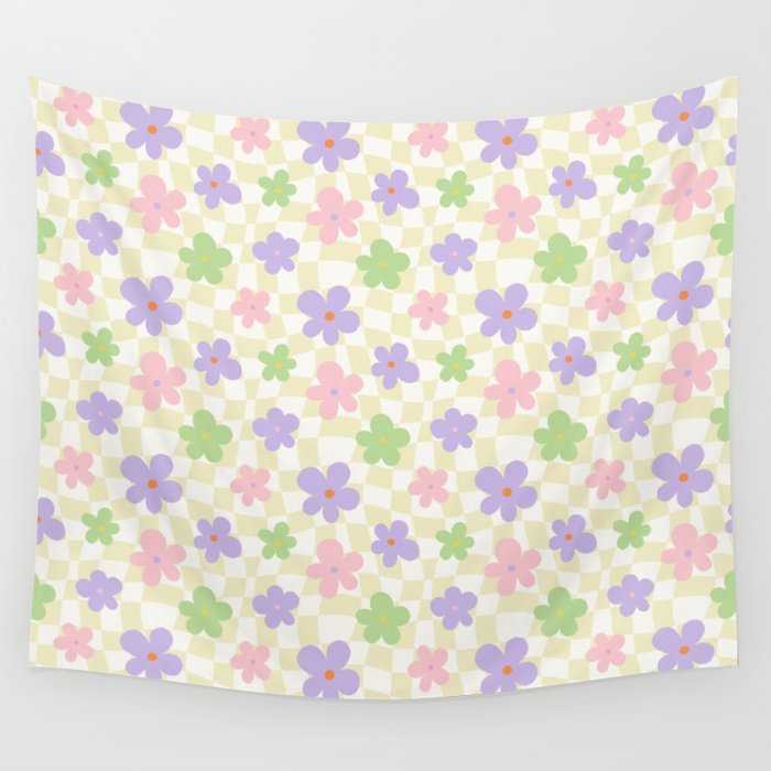 Colorful retro flower checkered pattern Wall Tapestry Gallery Image 4