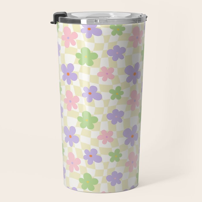 Colorful retro flower checkered pattern Travel Mug Gallery Image 3