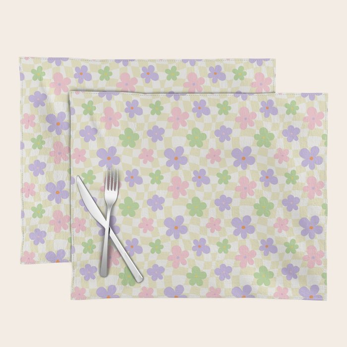 Colorful retro flower checkered pattern Placemat Gallery Image 1