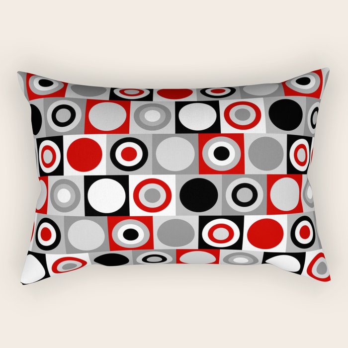 Mid Century Modern Geometric Square and Circle Pattern // Red, Gray, Black and White Rectangular Pillow Gallery Image 2