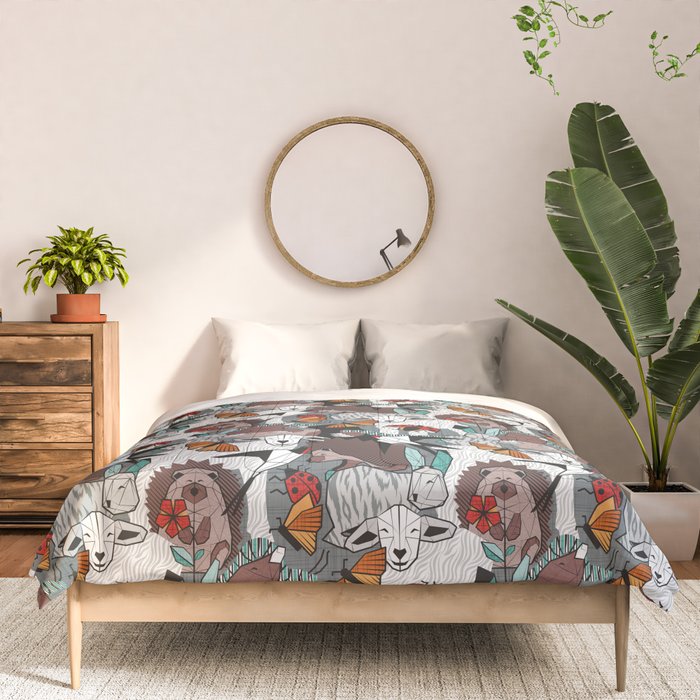 Geo spring animal party // green grey linen texture background brown aqua mint orange and neon red details Comforter Gallery Image 3