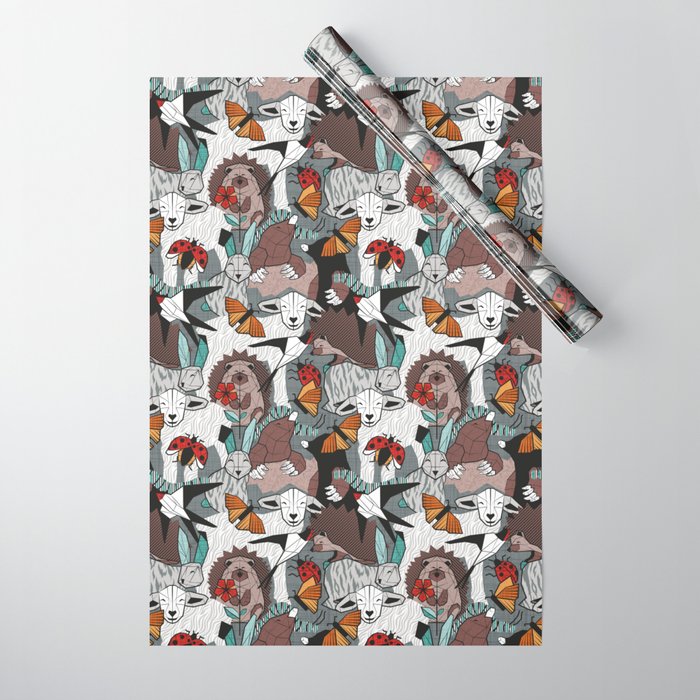 Geo spring animal party // green grey linen texture background brown aqua mint orange and neon red details Wrapping Paper Gallery Image 1