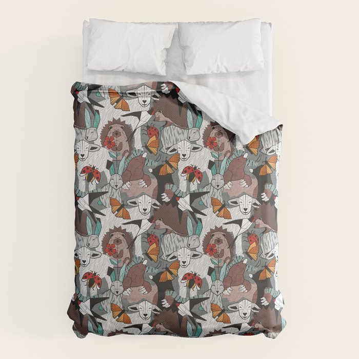 Geo spring animal party // green grey linen texture background brown aqua mint orange and neon red details Duvet Cover Gallery Image 1