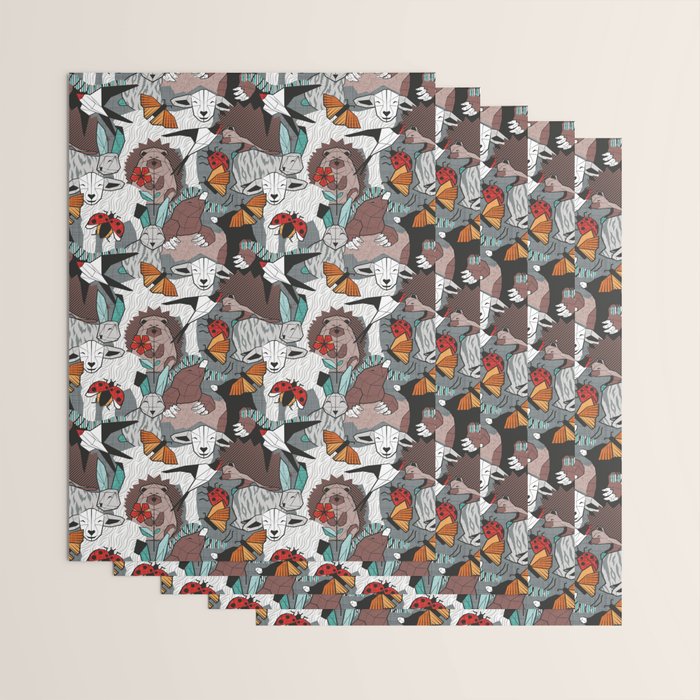 Geo spring animal party // green grey linen texture background brown aqua mint orange and neon red details Wrapping Paper Gallery Image 3