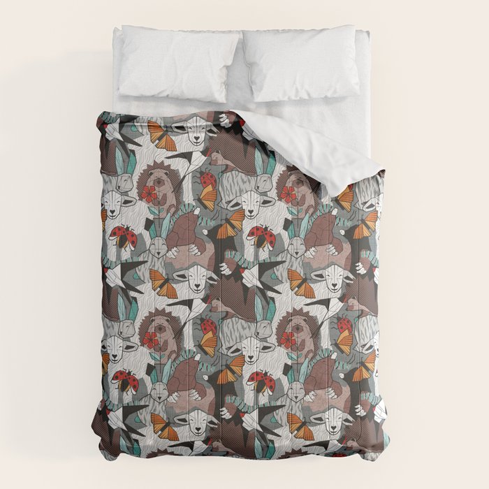 Geo spring animal party // green grey linen texture background brown aqua mint orange and neon red details Comforter Gallery Image 6