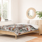 Geo spring animal party // green grey linen texture background brown aqua mint orange and neon red details Duvet Cover Gallery Image 2