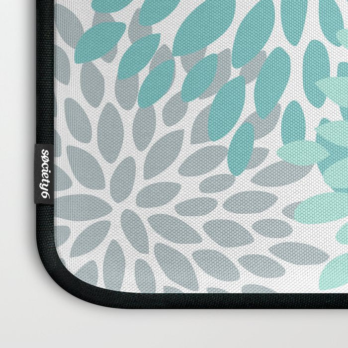 Floral Pattern, Aqua, Teal, Turquoise and Gray Laptop Sleeve Gallery Image 3