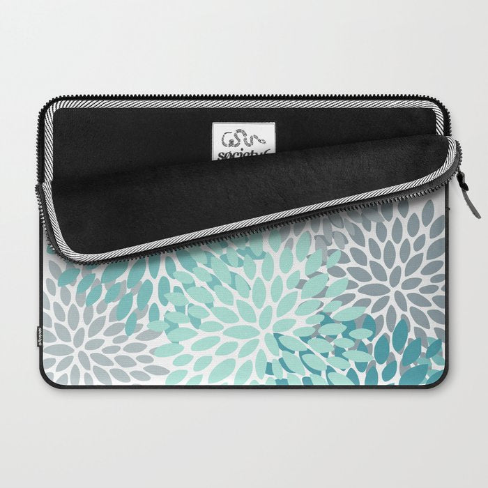Floral Pattern, Aqua, Teal, Turquoise and Gray Laptop Sleeve Gallery Image 2