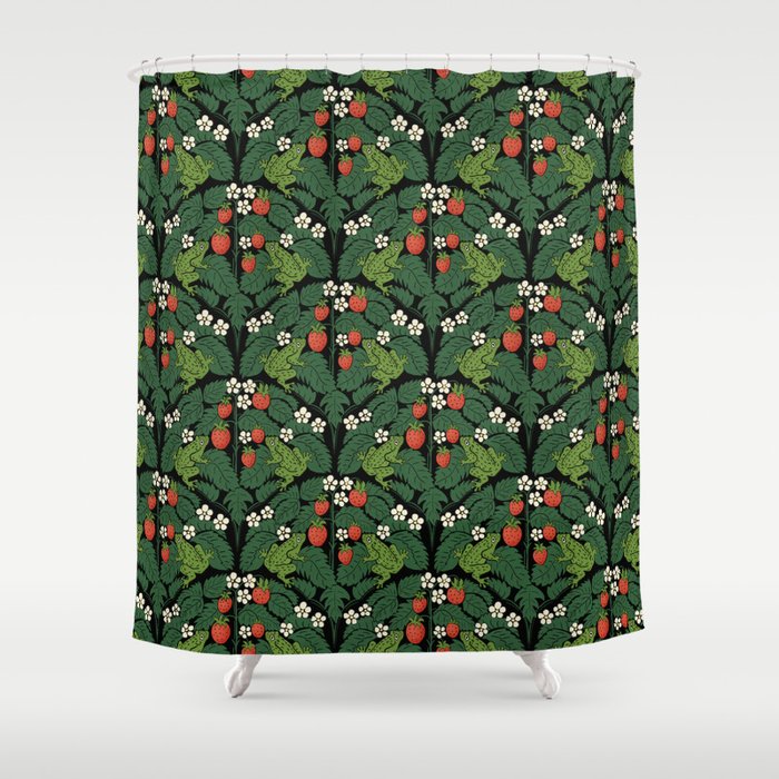 Bullfrogs And Wild Strawberries On Black Shower Curtain Gallery Image 1