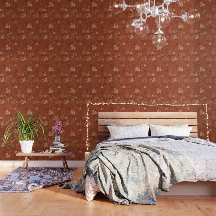 Burnt Orange & Olive Green Floral Wallpaper Gallery Image 3