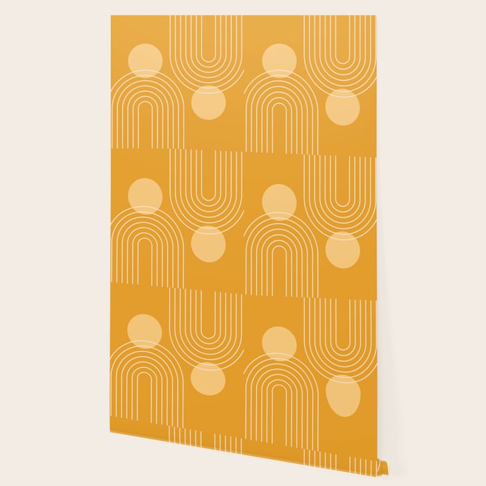 Mid Century Modern Geometric 118 in Yellow Gold Shades (Rainbow and Sun Abstraction) Wallpaper Gallery Image 2