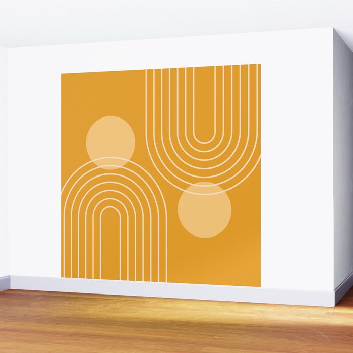 Mid Century Modern Geometric 118 in Yellow Gold Shades (Rainbow and Sun Abstraction) Wall Mural Gallery Image 2