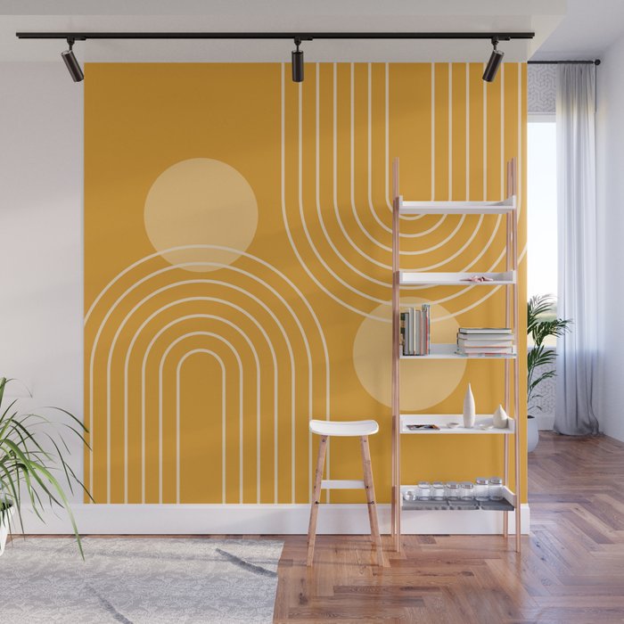 Mid Century Modern Geometric 118 in Yellow Gold Shades (Rainbow and Sun Abstraction) Wall Mural Gallery Image 1