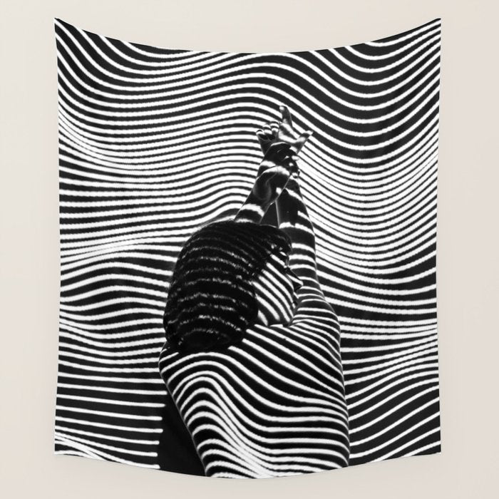 Minimalist Abstract Modern Ripple Lines Projected Woman Sensual Cool Feminine Black and White Photo Wall Tapestry Gallery Image 1