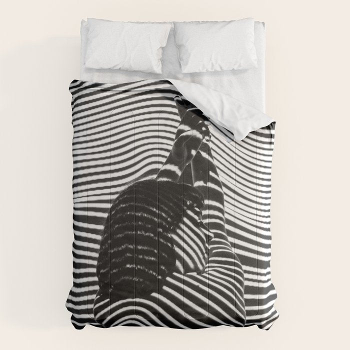 Minimalist Abstract Modern Ripple Lines Projected Woman Sensual Cool Feminine Black and White Photo Comforter Gallery Image 1