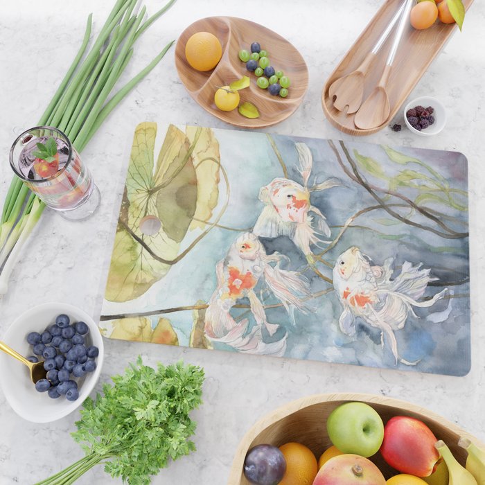 Koi Fish Painting, Underwater Water Lily Cutting Board Gallery Image 2
