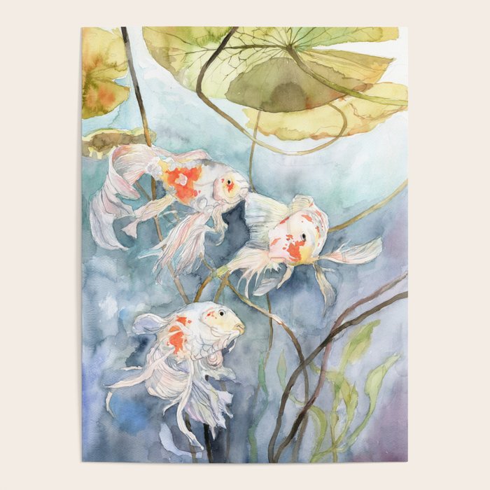 Koi Fish Painting, Underwater Water Lily Poster Gallery Image 1