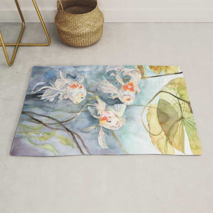 Koi Fish Painting, Underwater Water Lily Rug Gallery Image 1