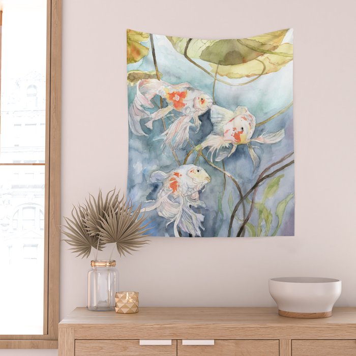 Koi Fish Painting, Underwater Water Lily Wall Tapestry Gallery Image 2