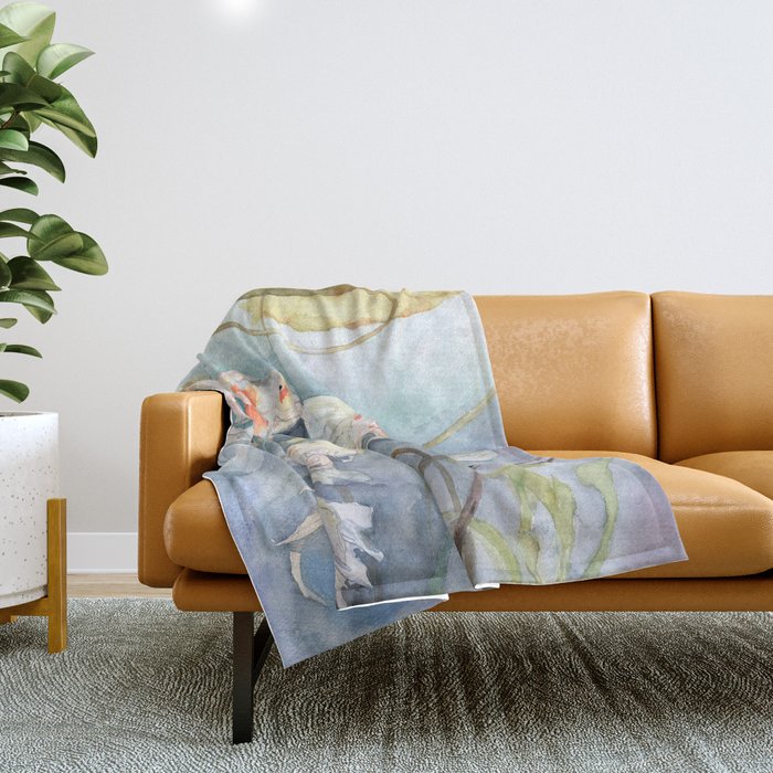 Koi Fish Painting, Underwater Water Lily Throw Blanket Gallery Image 1
