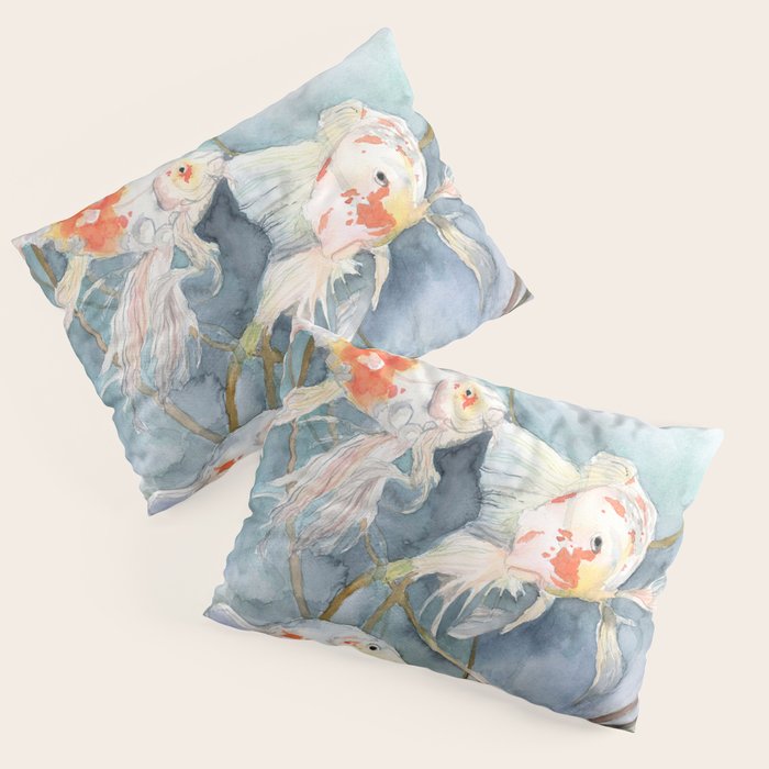 Koi Fish Painting, Underwater Water Lily Pillow Sham Gallery Image 3