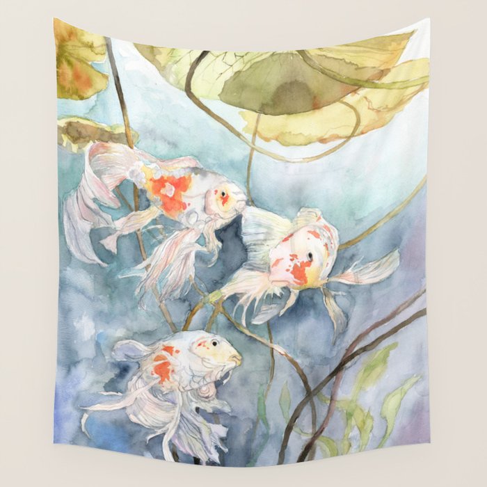 Koi Fish Painting, Underwater Water Lily Wall Tapestry Gallery Image 1