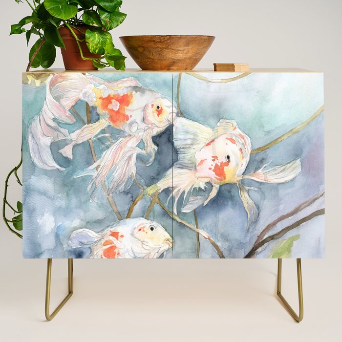 Koi Fish Painting, Underwater Water Lily Credenza Gallery Image 1