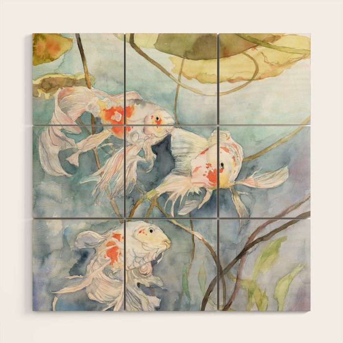 Koi Fish Painting, Underwater Water Lily Wood Wall Art Gallery Image 1