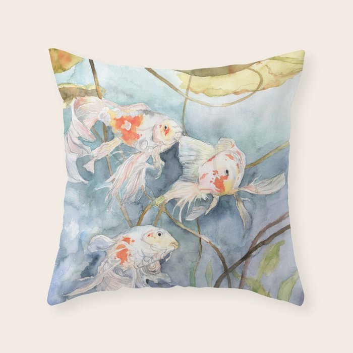 Koi Fish Painting, Underwater Water Lily Throw Pillow Gallery Image 1