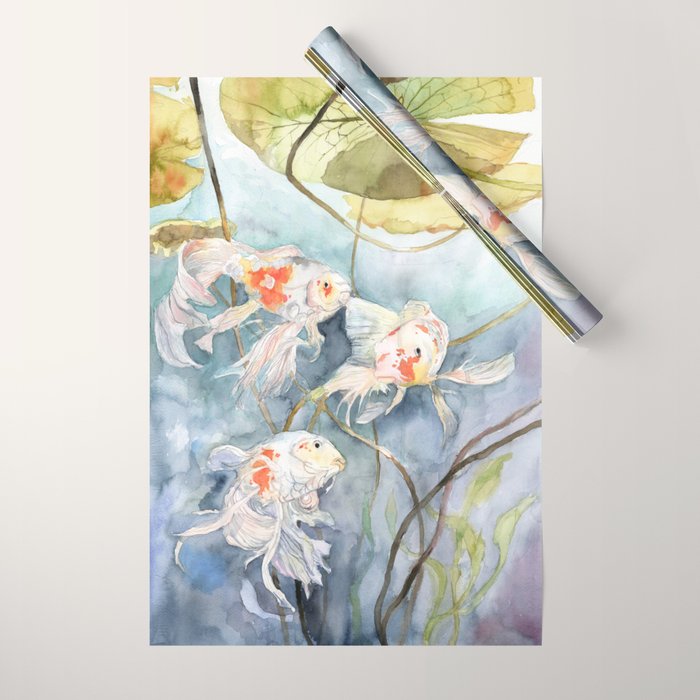 Koi Fish Painting, Underwater Water Lily Wrapping Paper Gallery Image 1