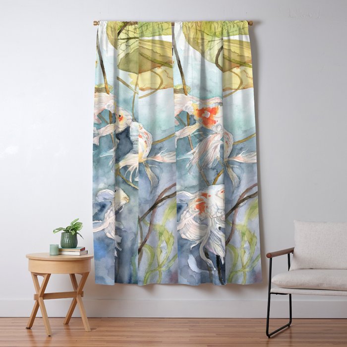 Koi Fish Painting, Underwater Water Lily Window Curtain Gallery Image 1