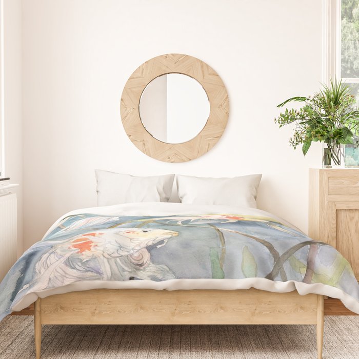 Koi Fish Painting, Underwater Water Lily Duvet Cover Gallery Image 3