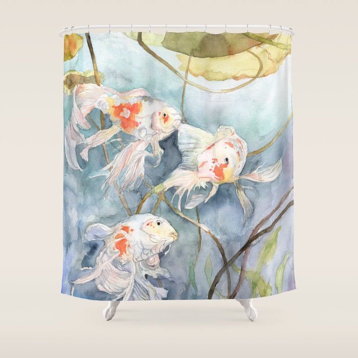Koi Fish Painting, Underwater Water Lily Shower Curtain Gallery Image 1