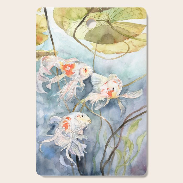 Koi Fish Painting, Underwater Water Lily Cutting Board Gallery Image 1
