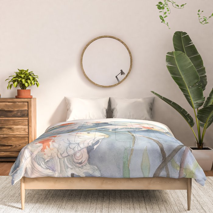 Koi Fish Painting, Underwater Water Lily Comforter Gallery Image 3