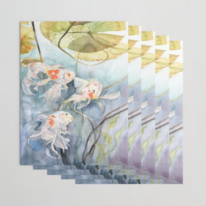 Koi Fish Painting, Underwater Water Lily Wrapping Paper Gallery Image 3