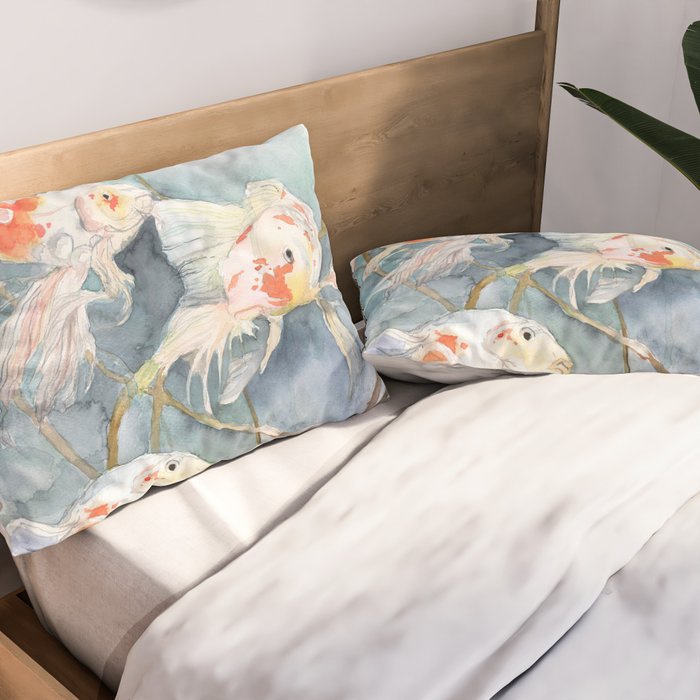 Koi Fish Painting, Underwater Water Lily Pillow Sham Gallery Image 2