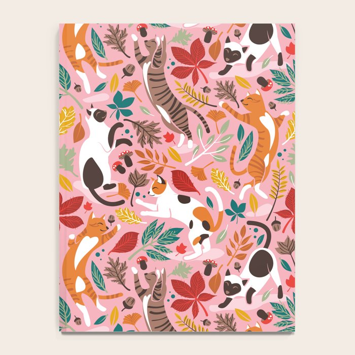 Autumn joy // light pink background cats dancing with many leaves in fall colors Notebook Gallery Image 4