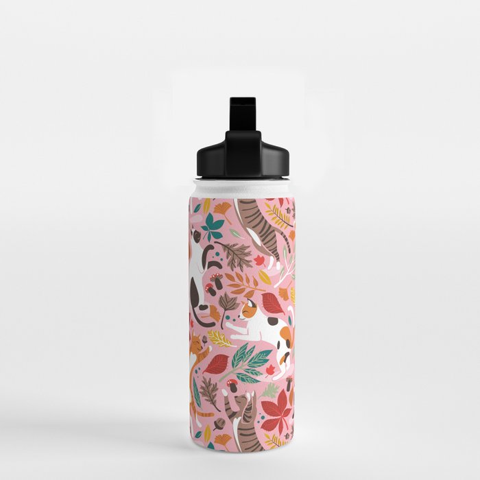 Autumn joy // light pink background cats dancing with many leaves in fall colors Water Bottle Gallery Image 2
