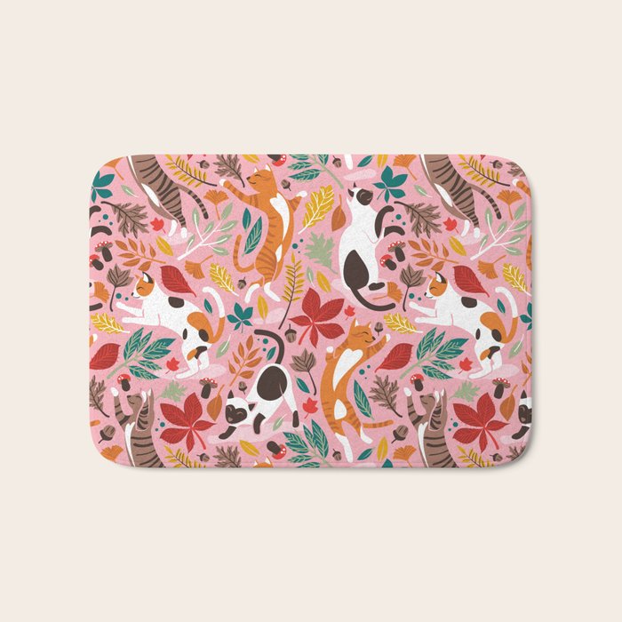 Autumn joy // light pink background cats dancing with many leaves in fall colors Bath Mat Gallery Image 1