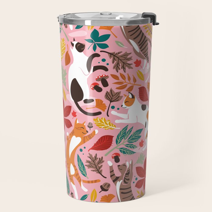 Autumn joy // light pink background cats dancing with many leaves in fall colors Travel Mug Gallery Image 2