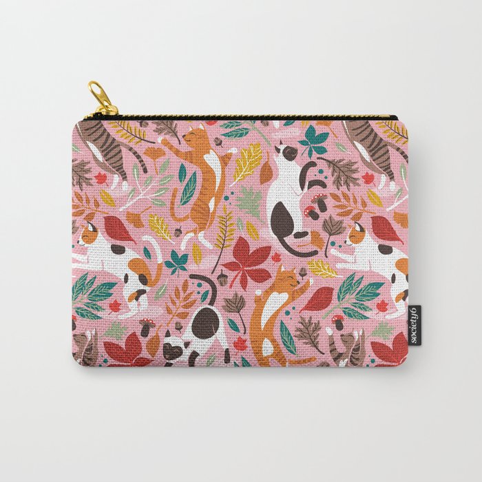 Autumn joy // light pink background cats dancing with many leaves in fall colors Carry All Pouch Gallery Image 1