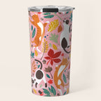 Autumn joy // light pink background cats dancing with many leaves in fall colors Travel Mug Gallery Image 1