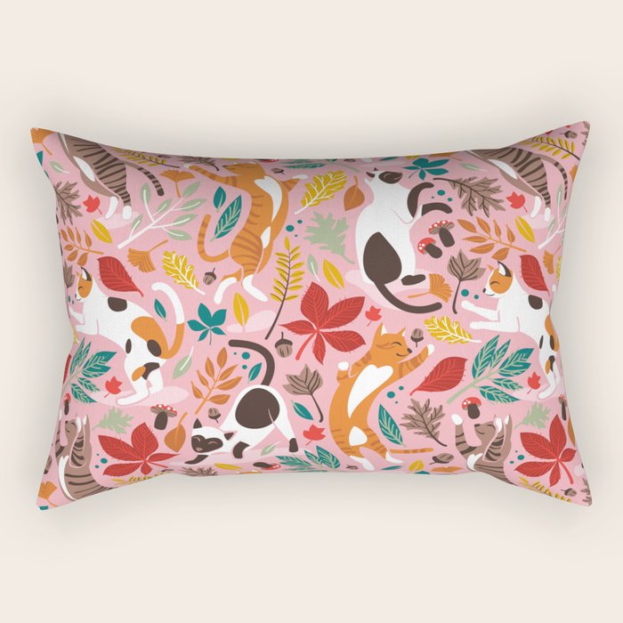 Autumn joy // light pink background cats dancing with many leaves in fall colors Rectangular Pillow Gallery Image 2